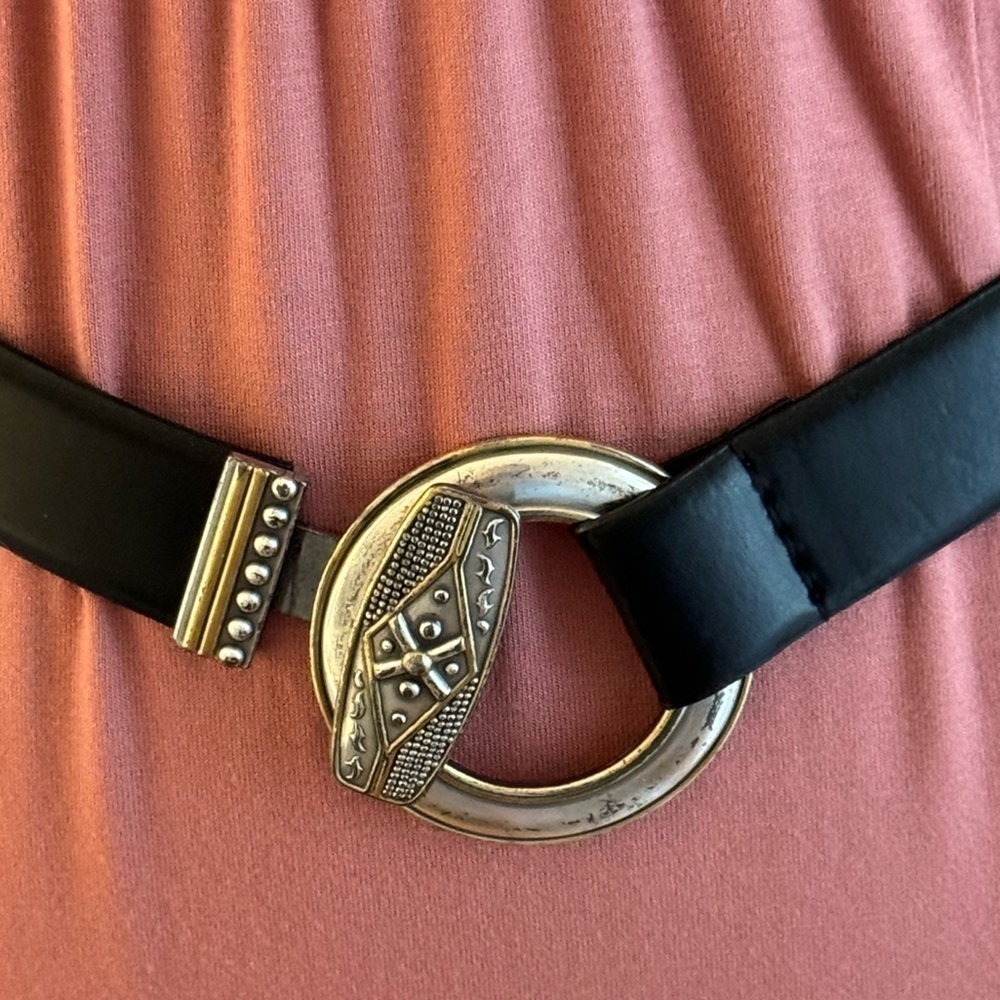 Chico's Gold & Silver Medallion Black Leather Adjustable Hook Belt Size S